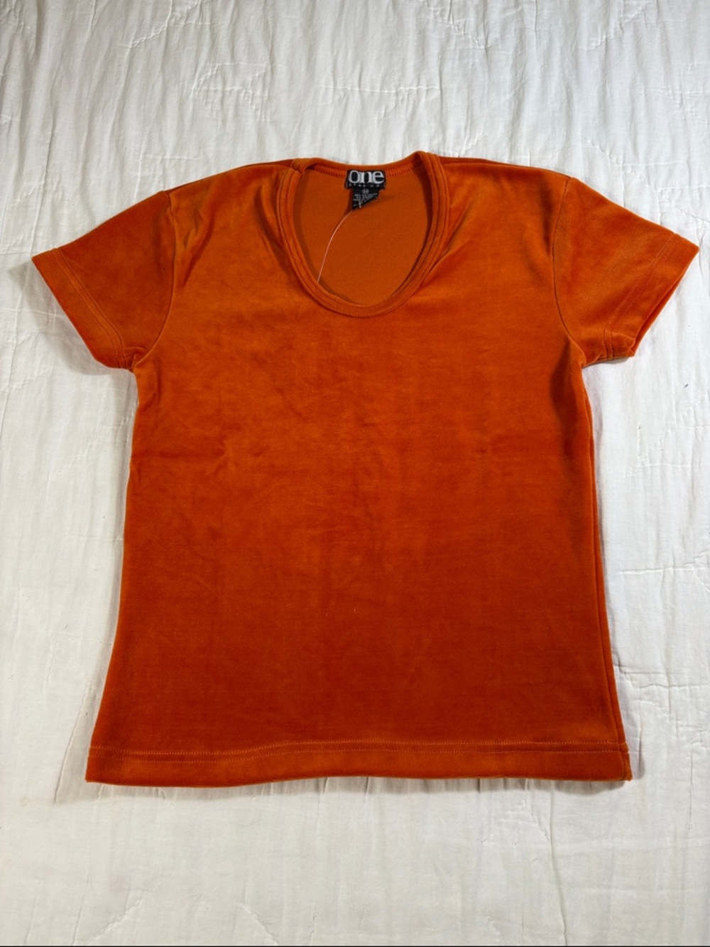 One Step Up Womens Velour Scoop Neck Short Sleeve Top Orange Terra Medium NWT